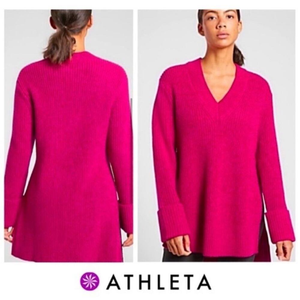 Athleta Shasta Oversized Cyclamen Pink Marl Wool Blend V Neck Chunky Sweater XS
